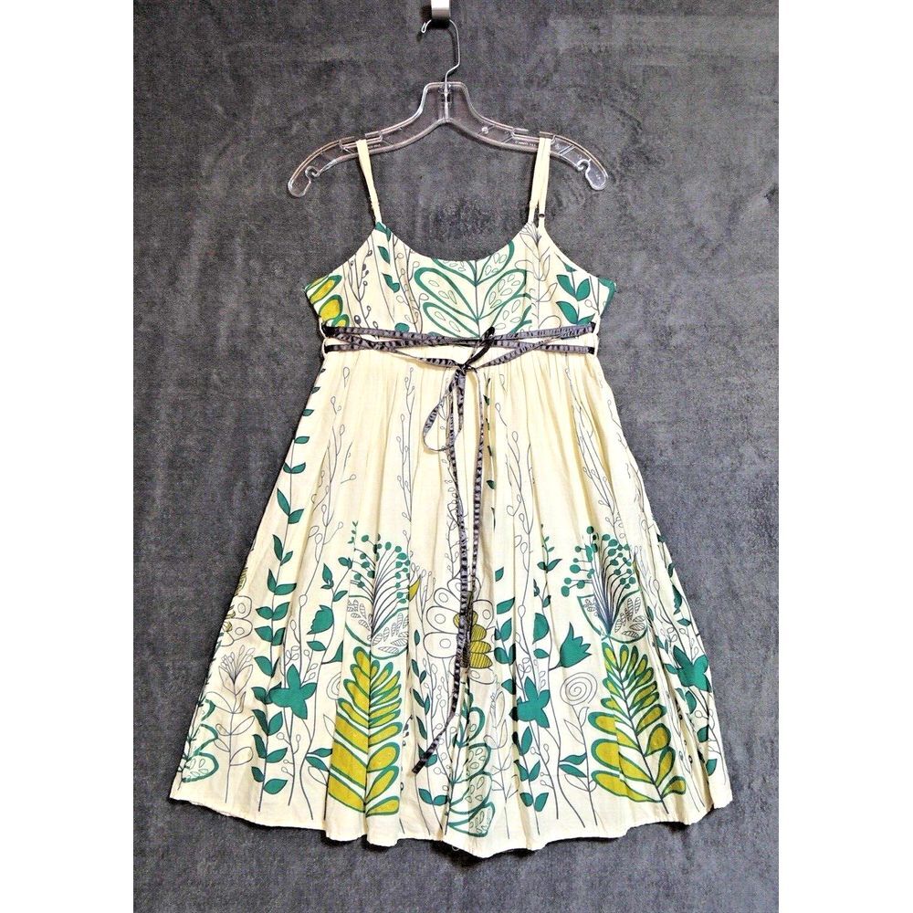 Minuet Sun Dress Womens Small Cream Green Leaf Print Empire Waist Cottagecore